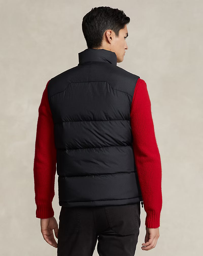 Black down gilet back view with horizontal quilting and high stand collar