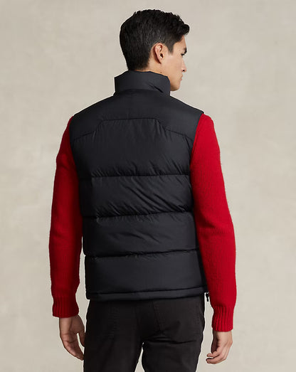 Black down gilet back view with horizontal quilting and high stand collar
