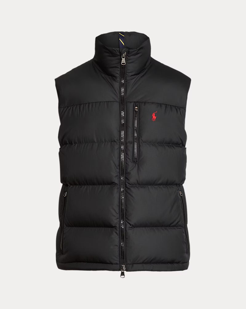 Black down gilet with full zip front and high stand collar, Polo Ralph Lauren logo