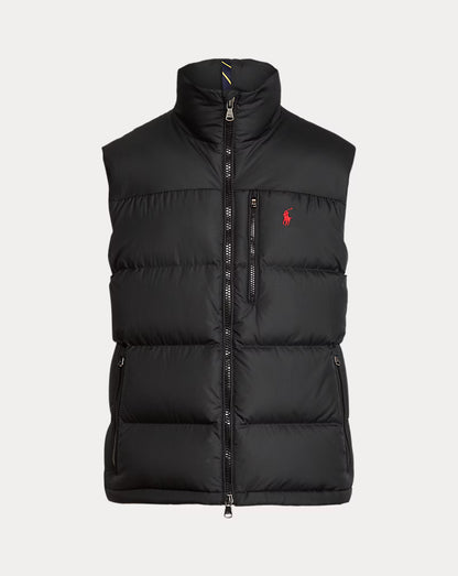 Black down gilet with full zip front and high stand collar, Polo Ralph Lauren logo