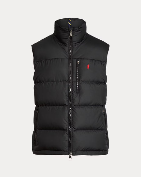Black down gilet with full zip front and high stand collar, Polo Ralph Lauren logo