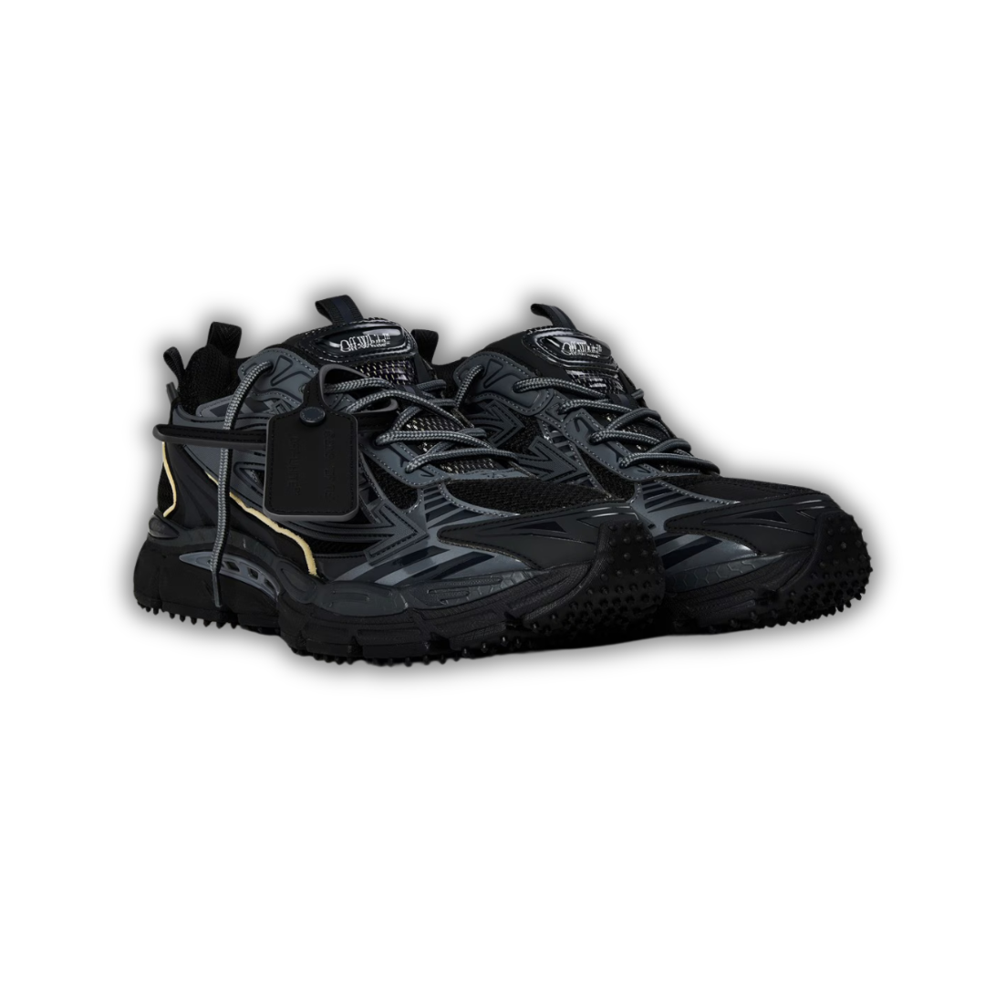 OFF men’s retro comfort sneakers in black/charcoal with yellow side accents