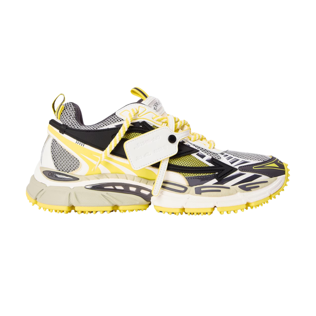 Retro comfort sneakers in white/black with yellow accents and textured mesh