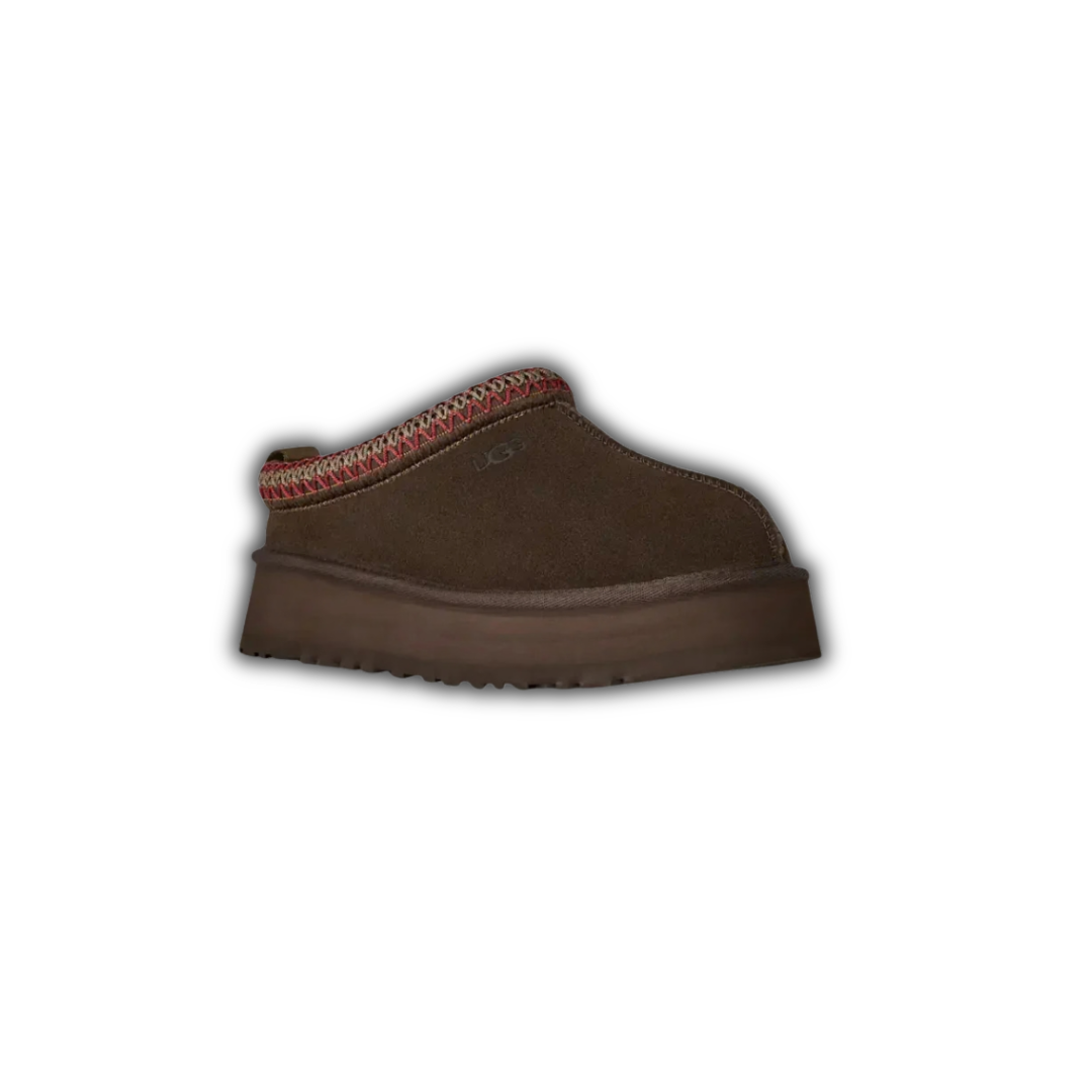 UG Dusted Cocoa suede slippers in dark brown with red knit trim and rubber sole