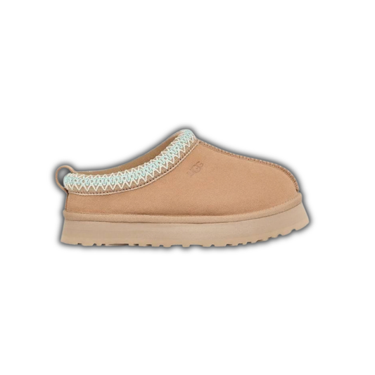 UG Tazz suede slip-on in sand with light blue knit trim and rubber sole