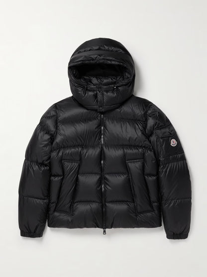 MONC Couyere down jacket, black hooded puffer with front zipper