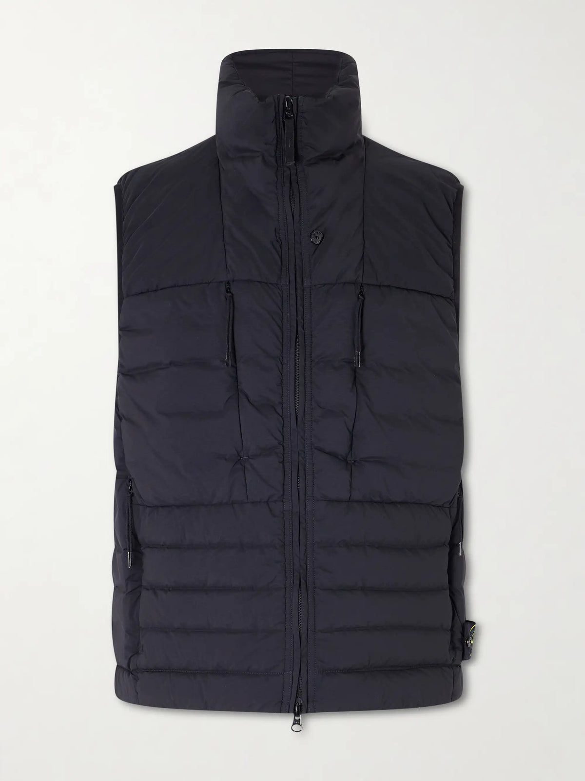 Black quilted nylon down gilet with full zip and stand collar