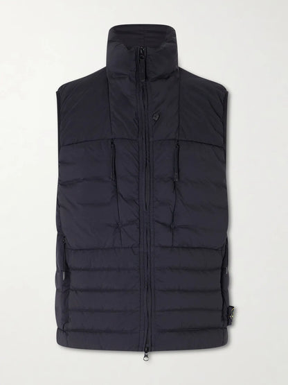 Black quilted nylon down gilet with full zip and stand collar