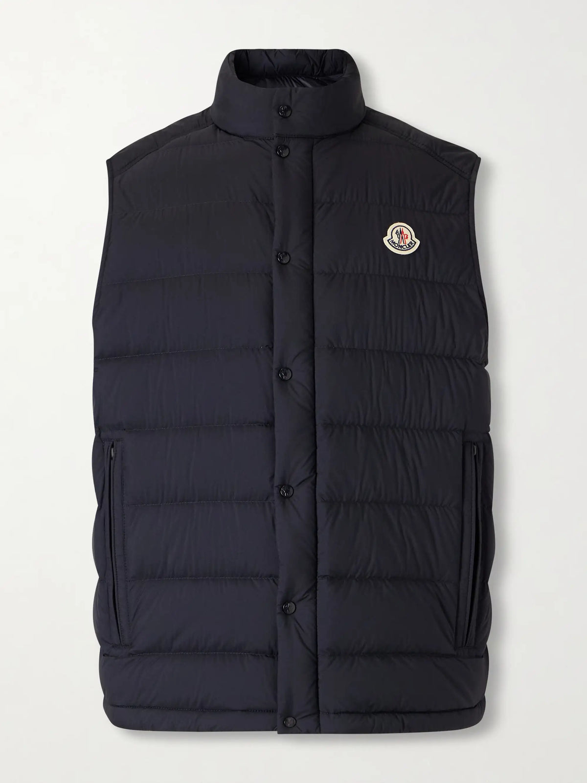 Gesteppte Daunenweste mit Logo-Applikation, dunkles Marineblau, Knopfleiste