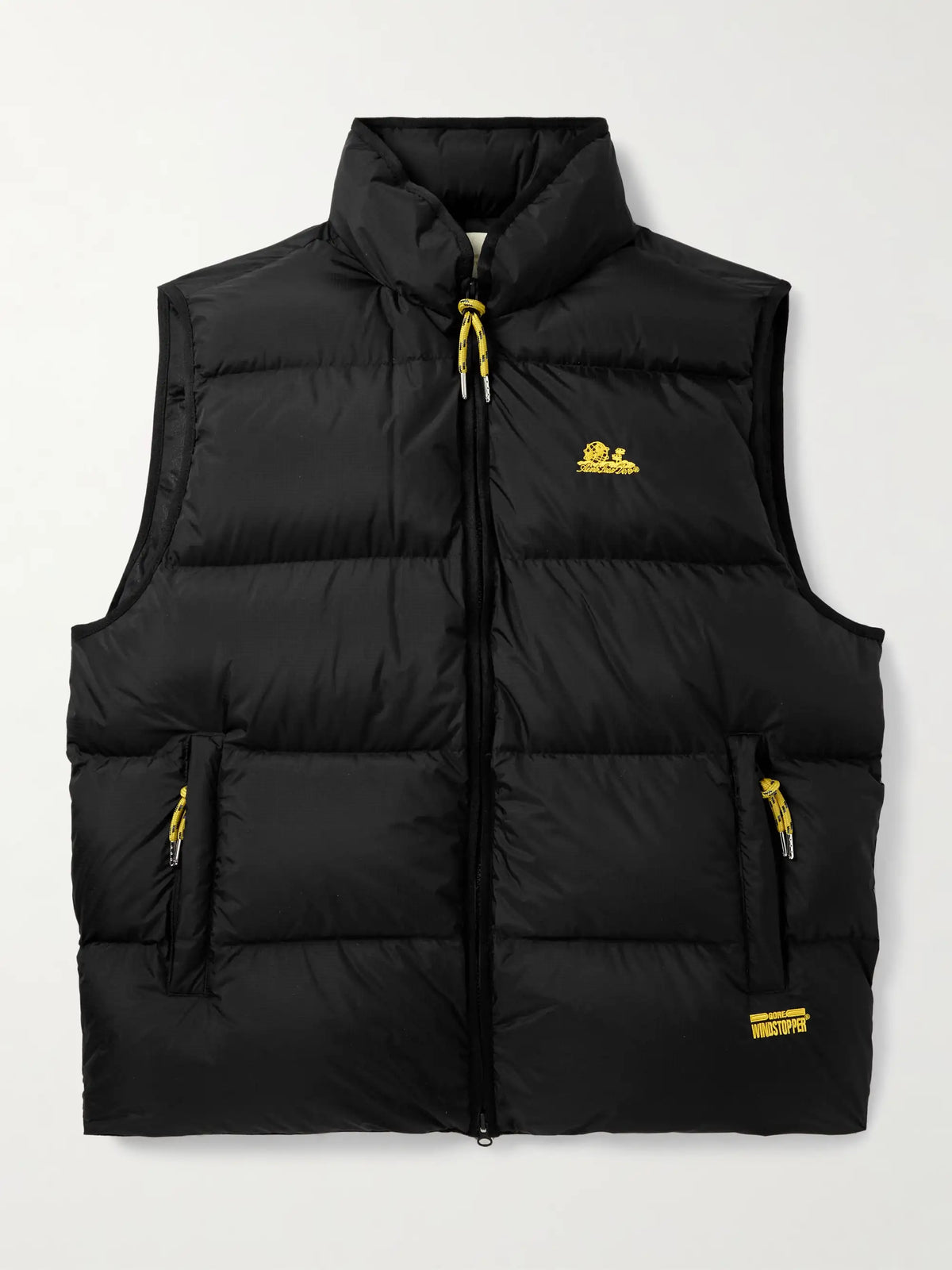 Black quilted logo vest with stand collar and gold drawcord zipper pull
