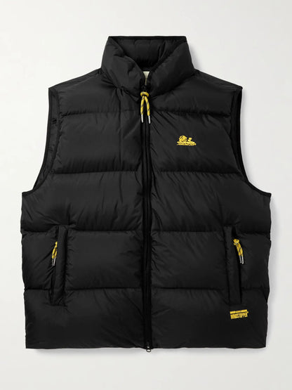 Black quilted logo vest with stand collar and gold drawcord zipper pull