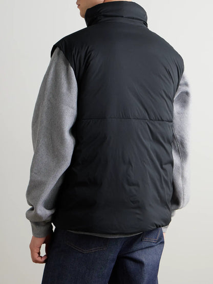 Black down gilet back view with stand collar and horizontal quilting panels