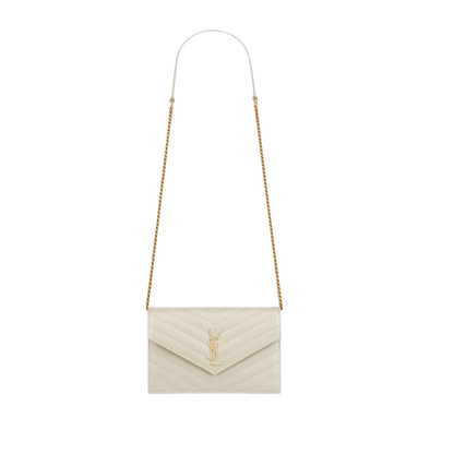 Pochette enveloppe cuir grain de poudre crème à chaîne, logo YSL