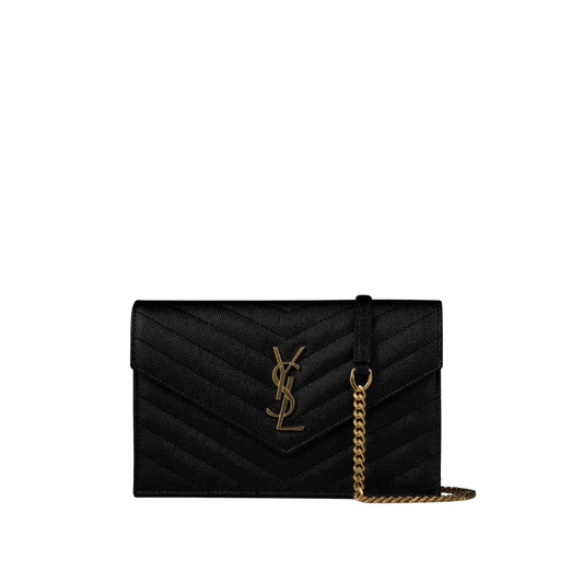 Envelope crossbody bag in black with gold SL monogram, chain strap